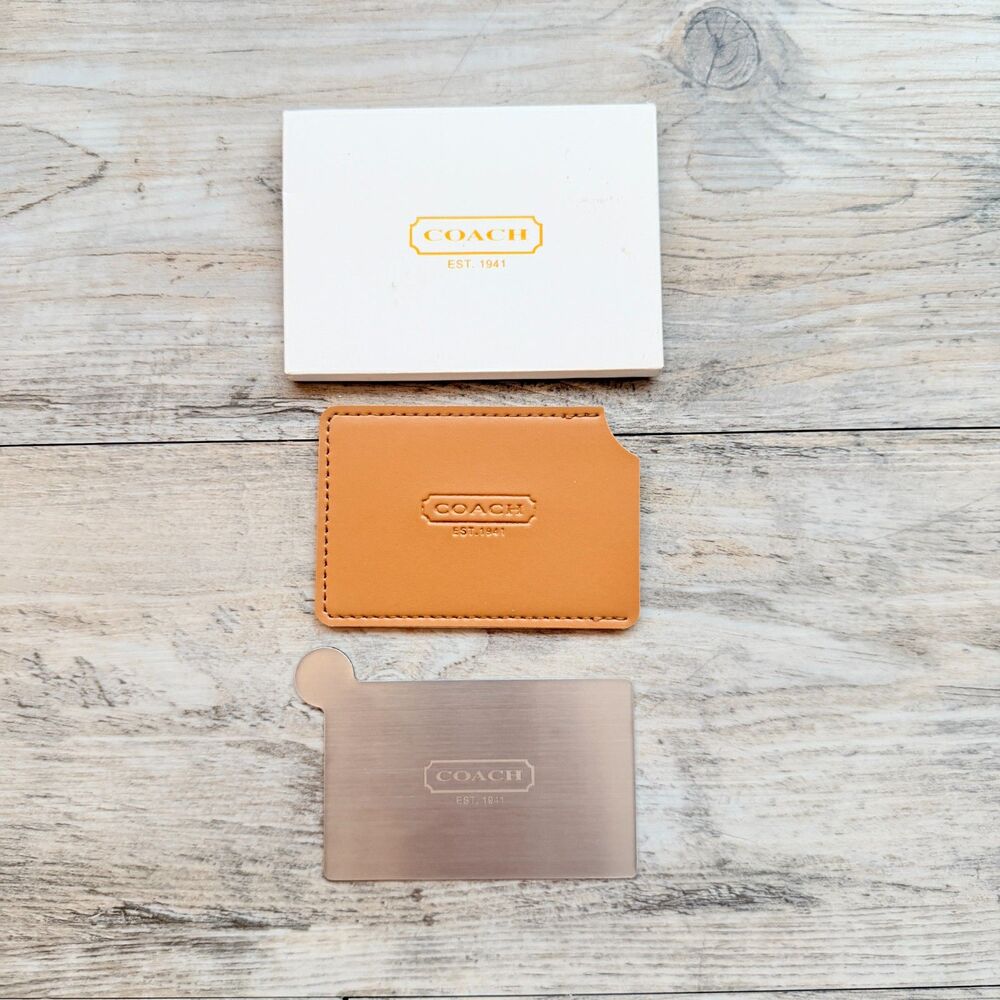 Coach Slim Leather Pocket Mirror Card Holder Tan Orange Est 1941 Gift Box